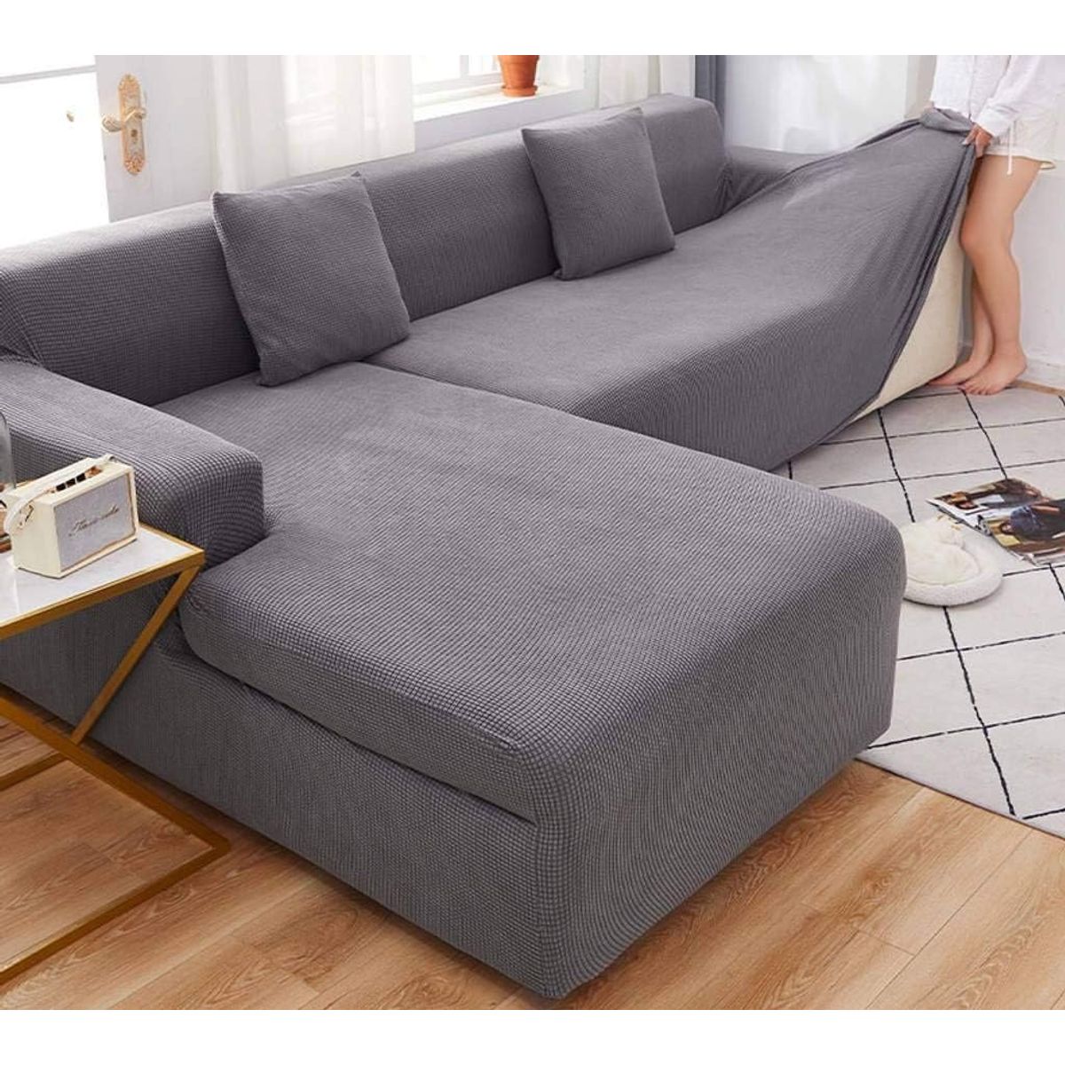 GENERICO - FUNDA CUADRILLE GRIS TIPO L AJUSTABLE 2 PIEZAS UNICOLOR GSOL