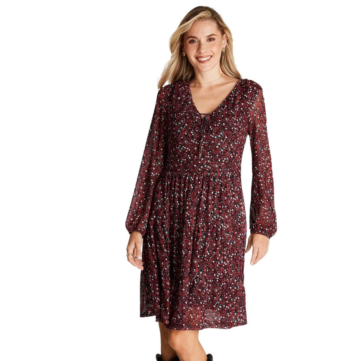 CURVI - Vestido Midi Negro Manga Larga Estampado Cuello V