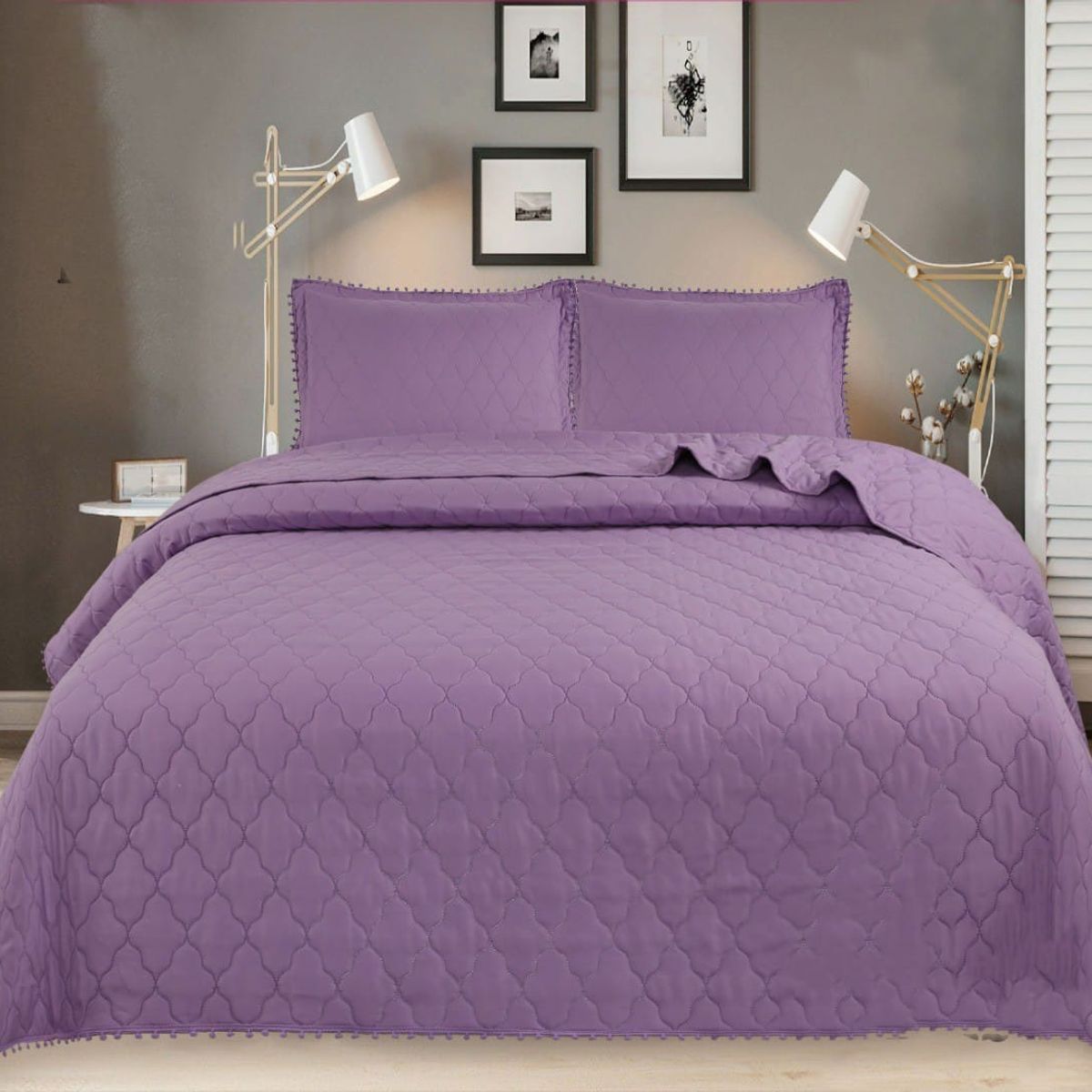 GENERICO - CUBRECAMA POMPON QUILT DE VERANO LILA KING TF