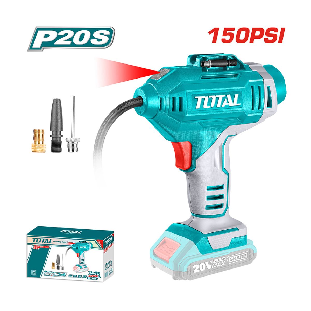 TOTAL TOOLS - Compresor de Aire inalámbrico 150Psi 20v + 3 Adaptadores TOTAL