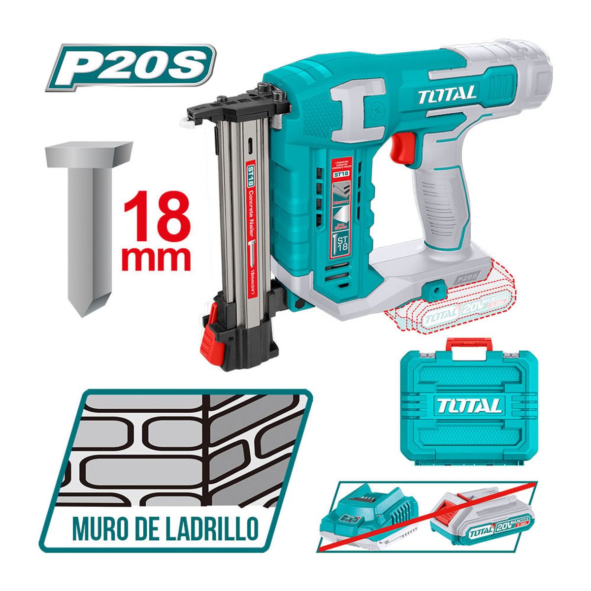 TOTAL TOOLS - Clavadora para Concreto Industrial 20v + 200 Clavos + 2 Acc TOTAL