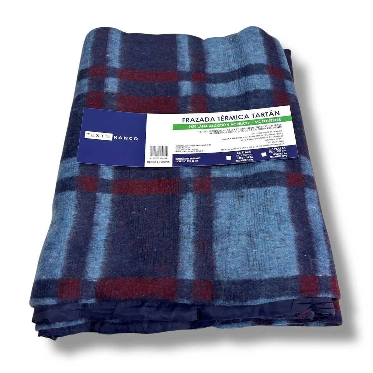 TEXTIL RANCO - Frazada Térmica TARTAN BORDE SATIN AZUL 2,0 plazas