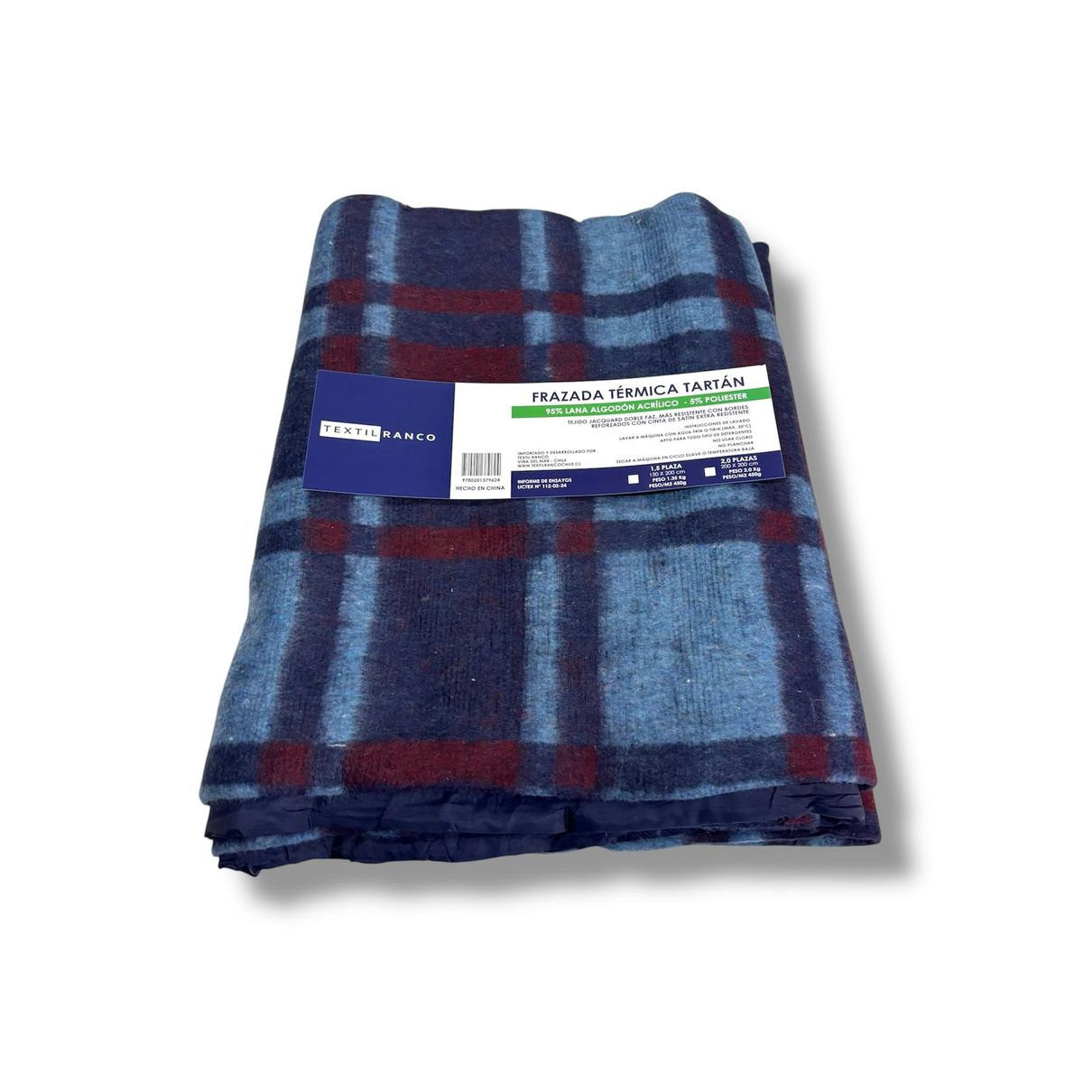 TEXTIL RANCO - Frazada Térmica TARTAN BORDE SATIN AZUL 2,0 plazas