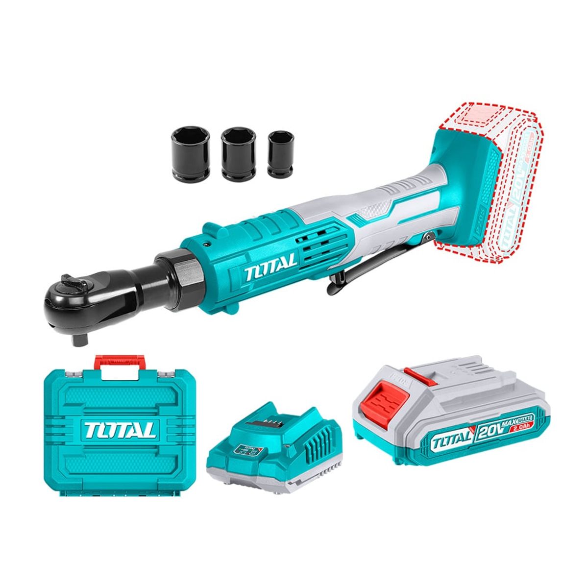 TOTAL TOOLS - Cicharra Rachet 3/8" 6.5nm 20v + Batería 2ah + Carg + 3 Dados TOTAL