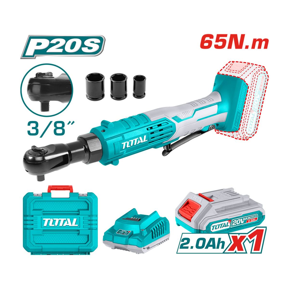 TOTAL TOOLS - Cicharra Rachet 3/8" 6.5nm 20v + Batería 2ah + Carg + 3 Dados TOTAL
