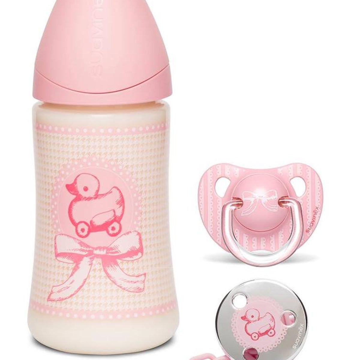 SUAVINEX - SET MAMADERA+BROCHE+CHUPETE  0-6M TOYS ROSA
