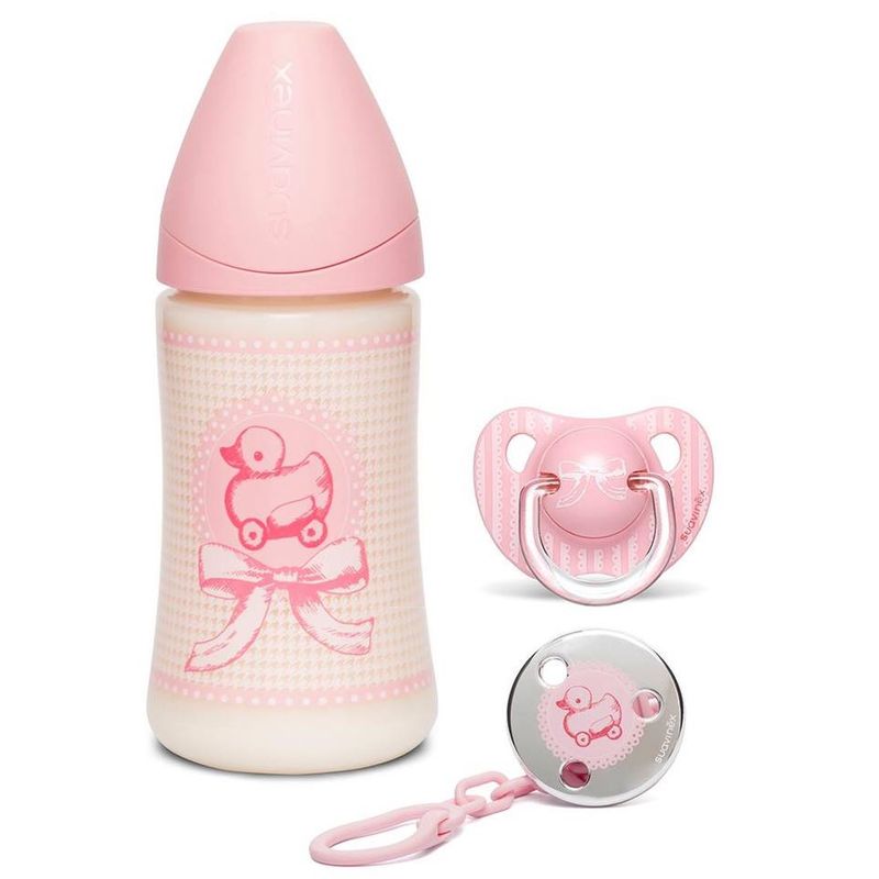 SUAVINEX - SET MAMADERA+BROCHE+CHUPETE  0-6M TOYS ROSA