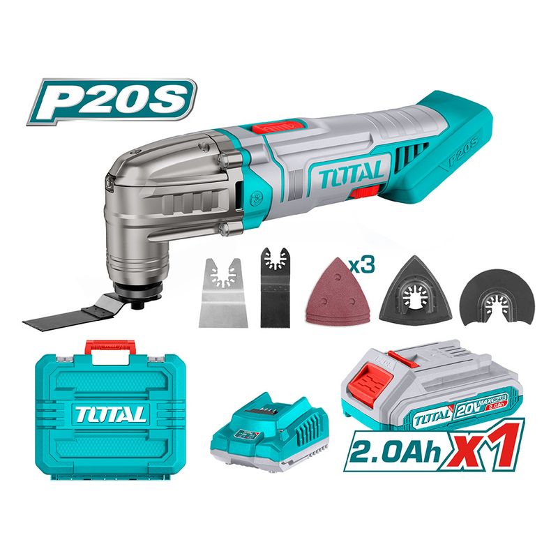 TOTAL TOOLS - Multiherramienta Oscilante 6 Vel 20v + Bat 2ah + Carg + 8 Acc TOTAL
