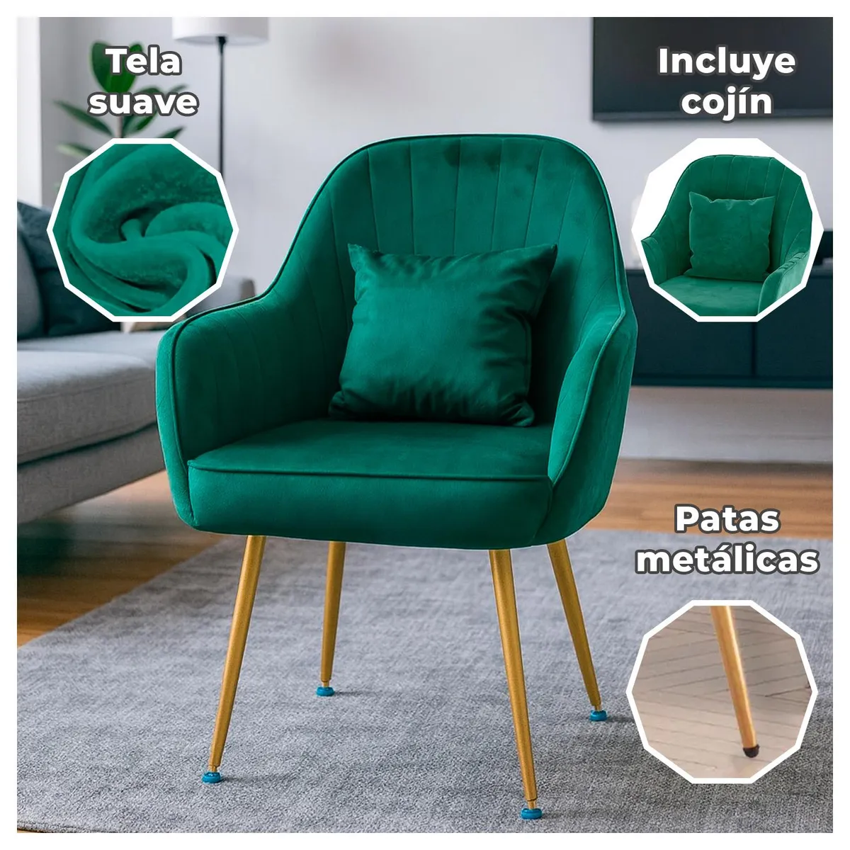 GLOBAL LATIN GROUP - Butaca Poltrona Sofí de Terciopelo Con Patas de Metal