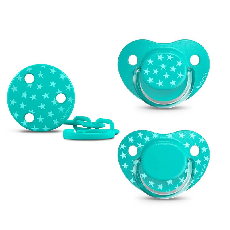 SUAVINEX - PACK 2 CHUPETES TETINA ANATOMICA 0-6M + BROCHE VERDE