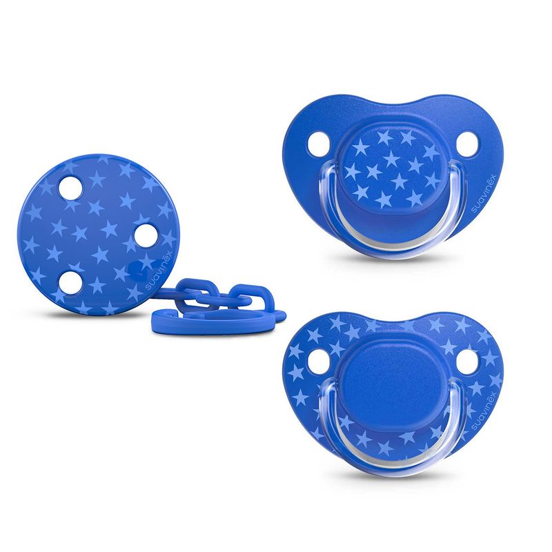 SUAVINEX - PACK 2 CHUPETES TETINA ANATOMICA 0-6M + BROCHE AZUL