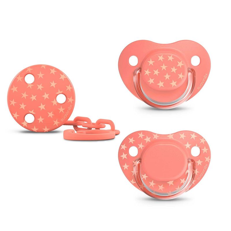 SUAVINEX - PACK 2 CHUPETES TETINA ANATOMICA 0-6M + BROCHE ROSADO