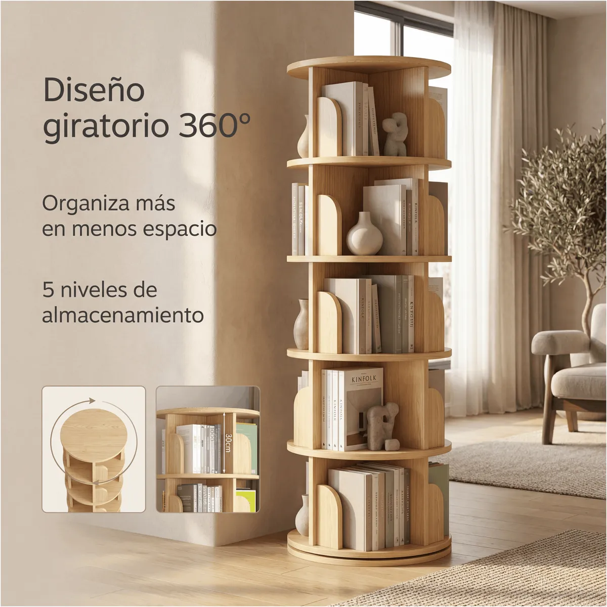HOMER DESIGN - Biblioteca Giratoria Librero Organizador Libros Alto 160cm