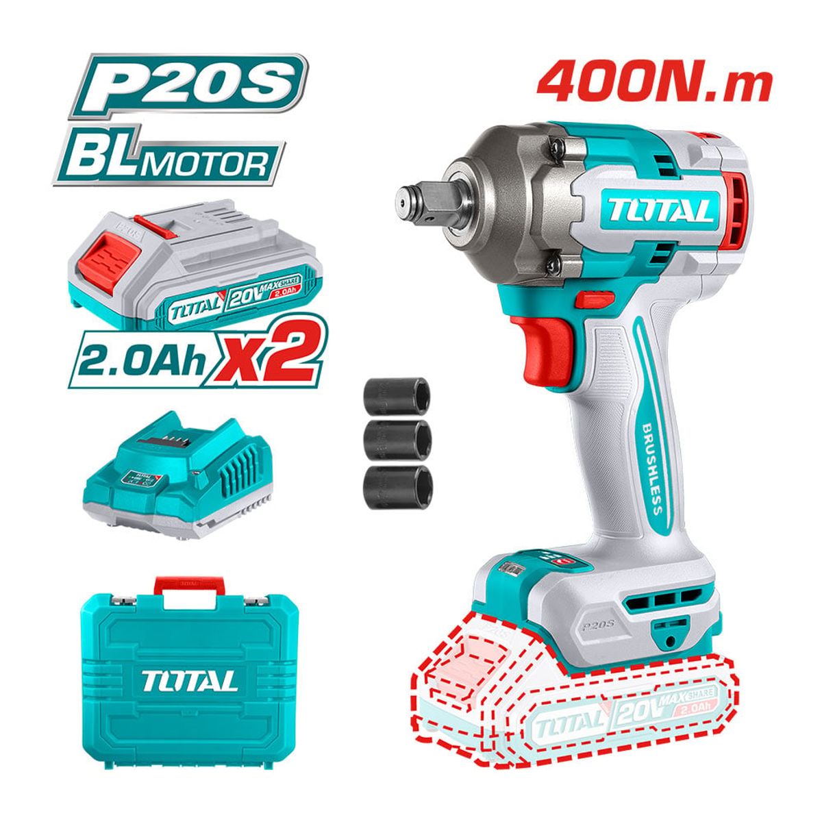 TOTAL TOOLS - Llave Impacto Brushless Industrial 1/2" 400nm + 2 Bat 2ah + Carg TOTAL