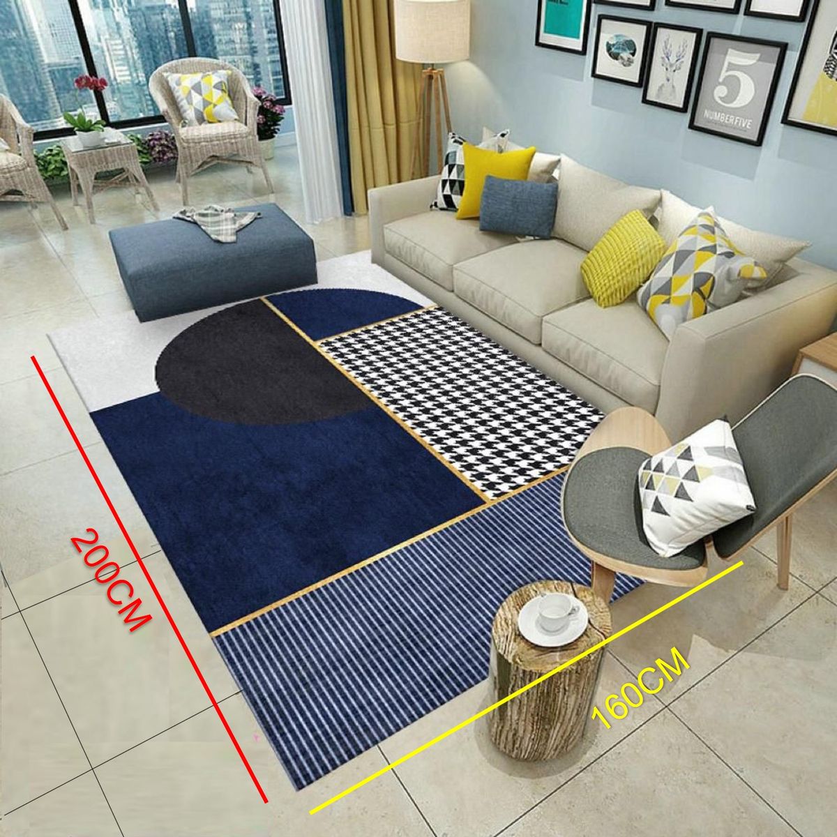 GENERICO - ALFOMBRA CON DISEÑO160X200 CIRCULO NEGRO AZUL ANTIDESLIZANTE DELGADA