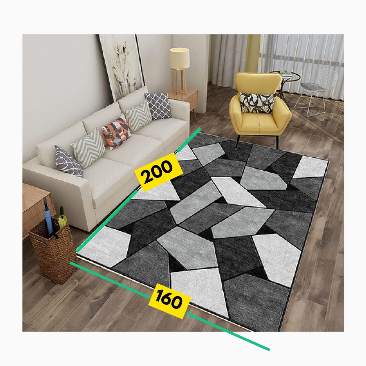 GENERICO - ALFOMBRA CON DISEÑO160X200 NEGRO Y GRIS ANTIDESLIZANTE DELGADA