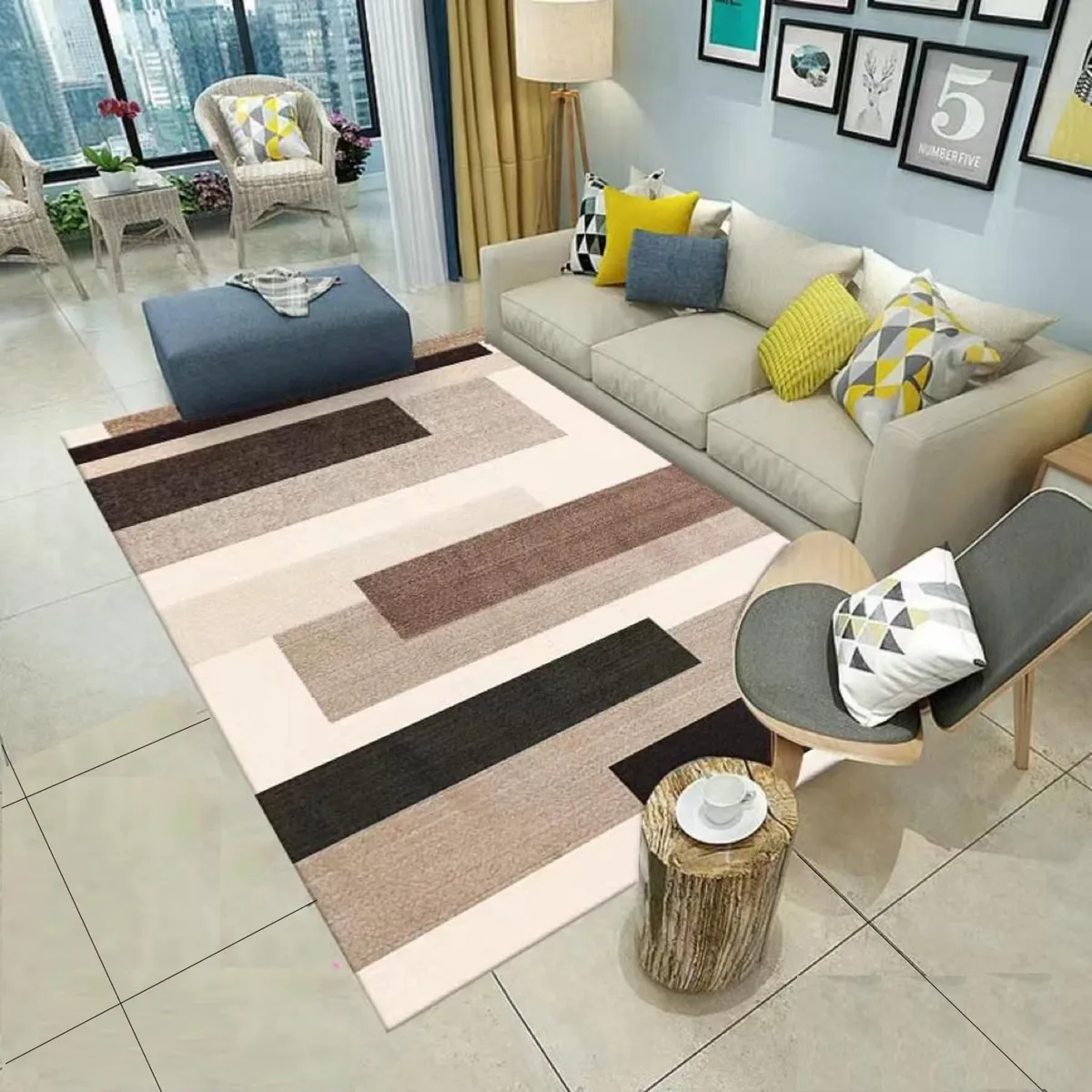 GENERICO - ALFOMBRA CON DISEÑO160X200 RECTANGULOS BEIGE ANTIDESLIZANTE DELGADA