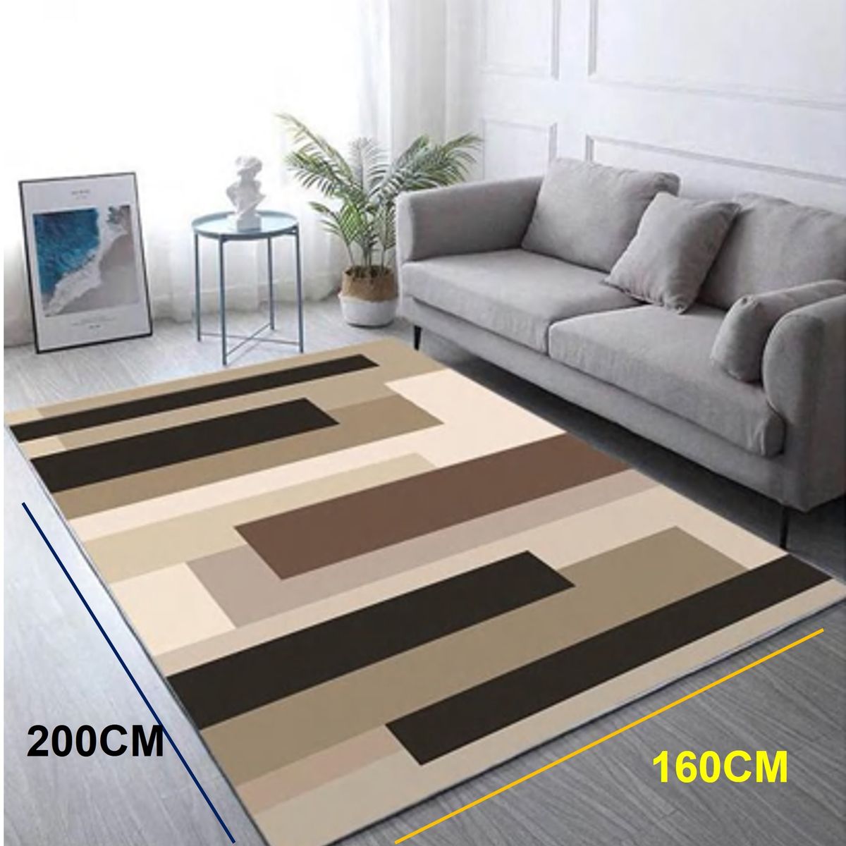 GENERICO - ALFOMBRA CON DISEÑO160X200 RECTANGULOS BEIGE ANTIDESLIZANTE DELGADA