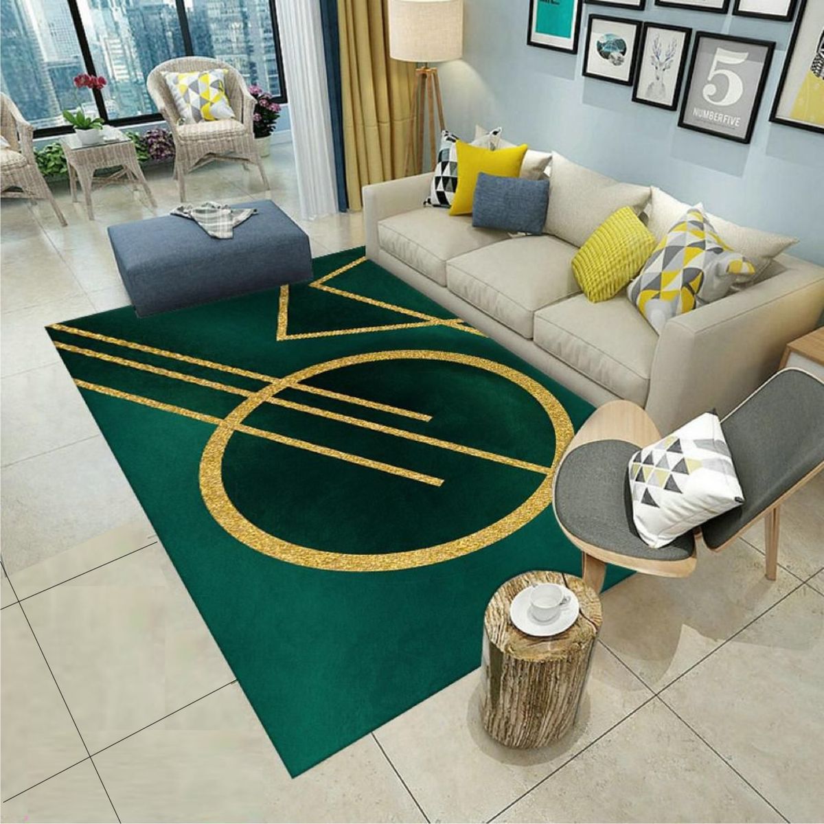 GENERICO - ALFOMBRA CON DISEÑO160X200 VERDE CON DORADO ANTIDESLIZANTE DELGADA