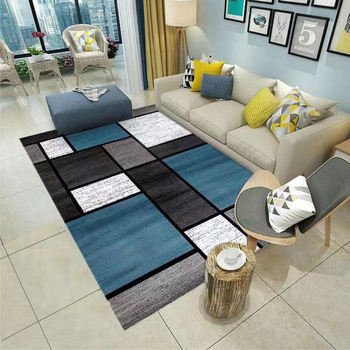 GENERICO - ALFOMBRA CON DISEÑO160X200 CUADRO AZUL NEGRO ANTIDESLIZANTE DELGADA