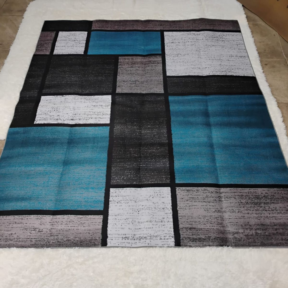 GENERICO - ALFOMBRA CON DISEÑO160X200 CUADRO AZUL NEGRO ANTIDESLIZANTE DELGADA