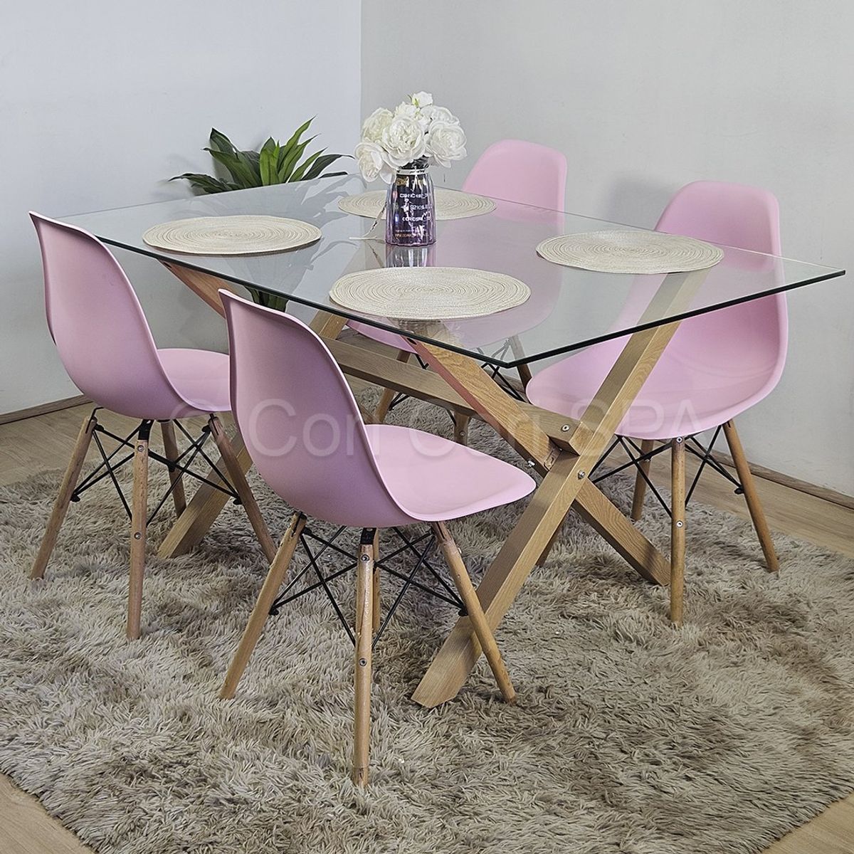 CORI CORI - Comedor Medlock Vidrio 140x90 + 4 Sillas Eames Rosa