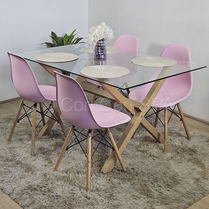 GENERICO - Comedor Medlock Vidrio 140x90 + 4 Sillas Eames replica color Rosa