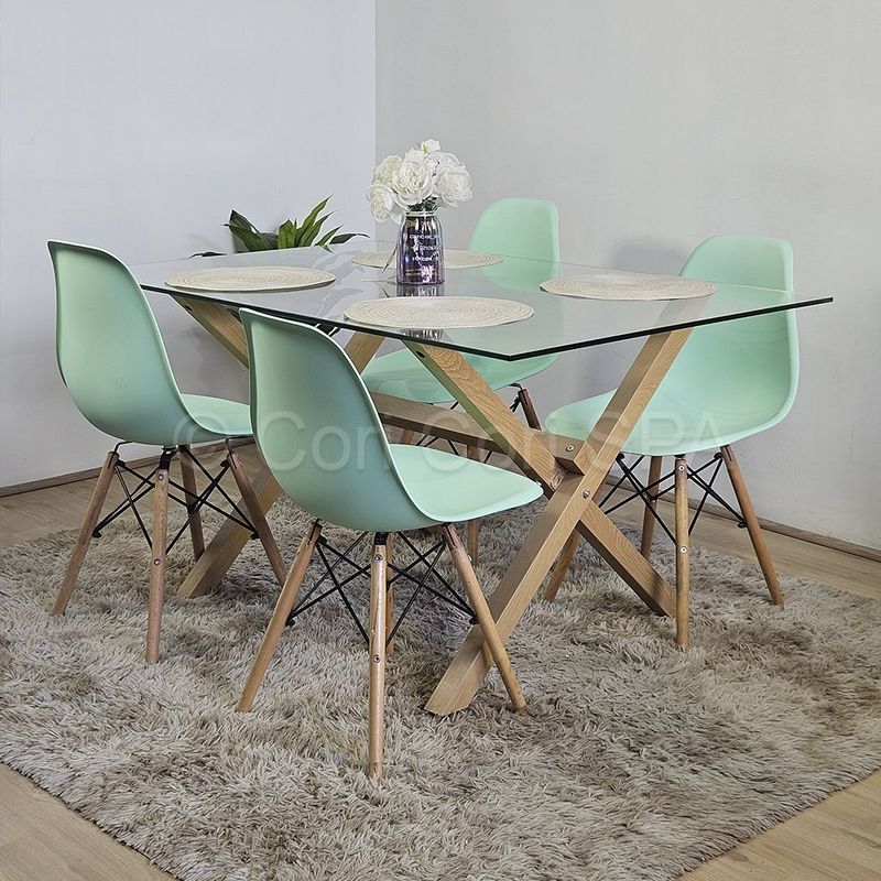 CORI CORI - Comedor Medlock Vidrio 140x90 + 4 Sillas Eames Menta