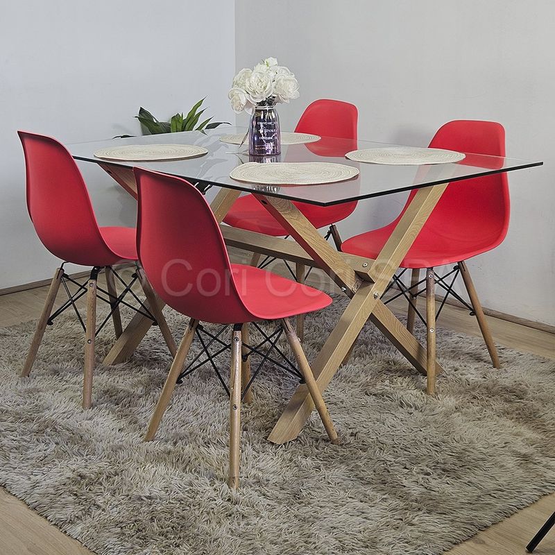 CORI CORI - Comedor Medlock Vidrio 140x90 + 4 Sillas Eames Rojo