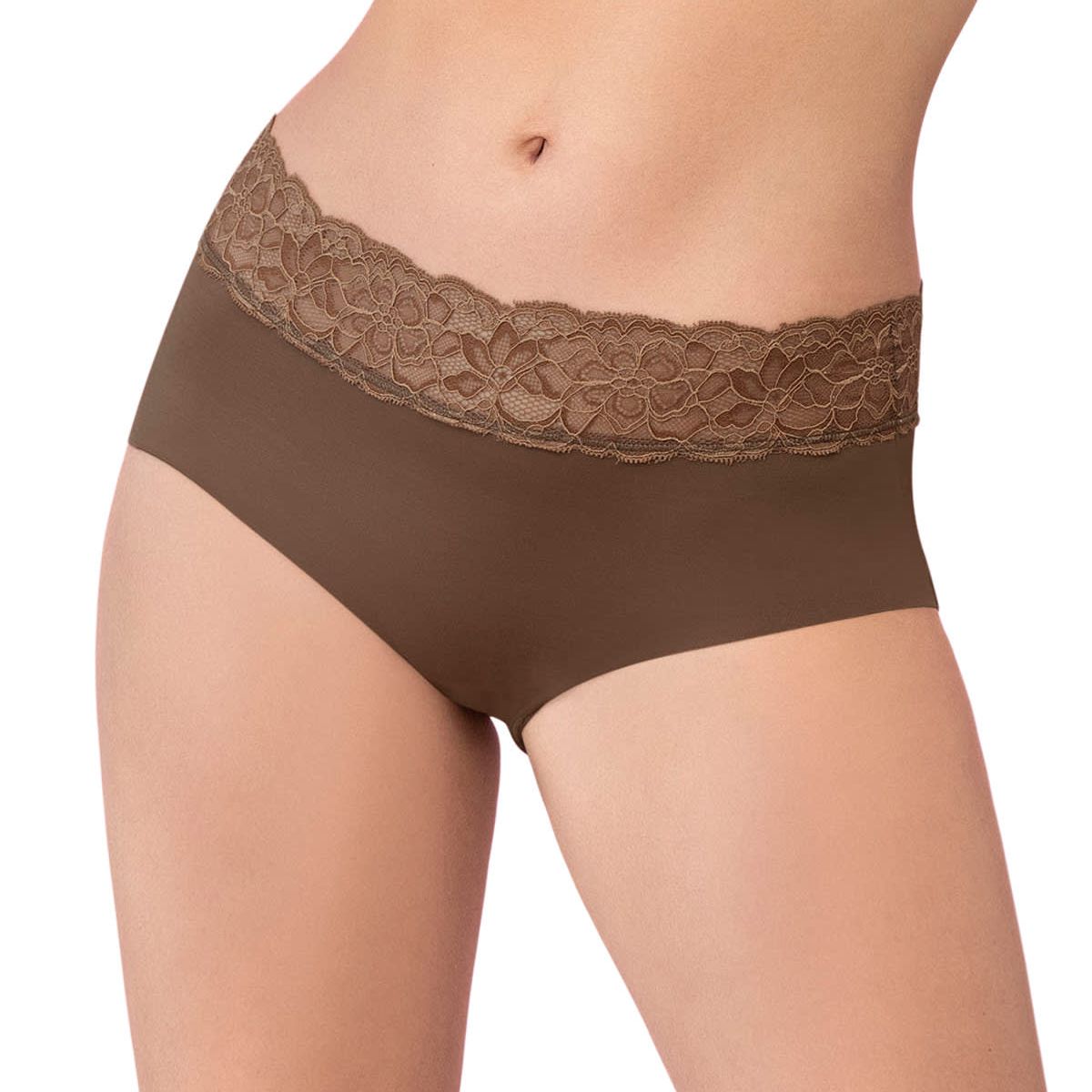 LEONISA - Calzón pantaleta en tela ultraliviana con franja de encaje 012960 Cafe Medio