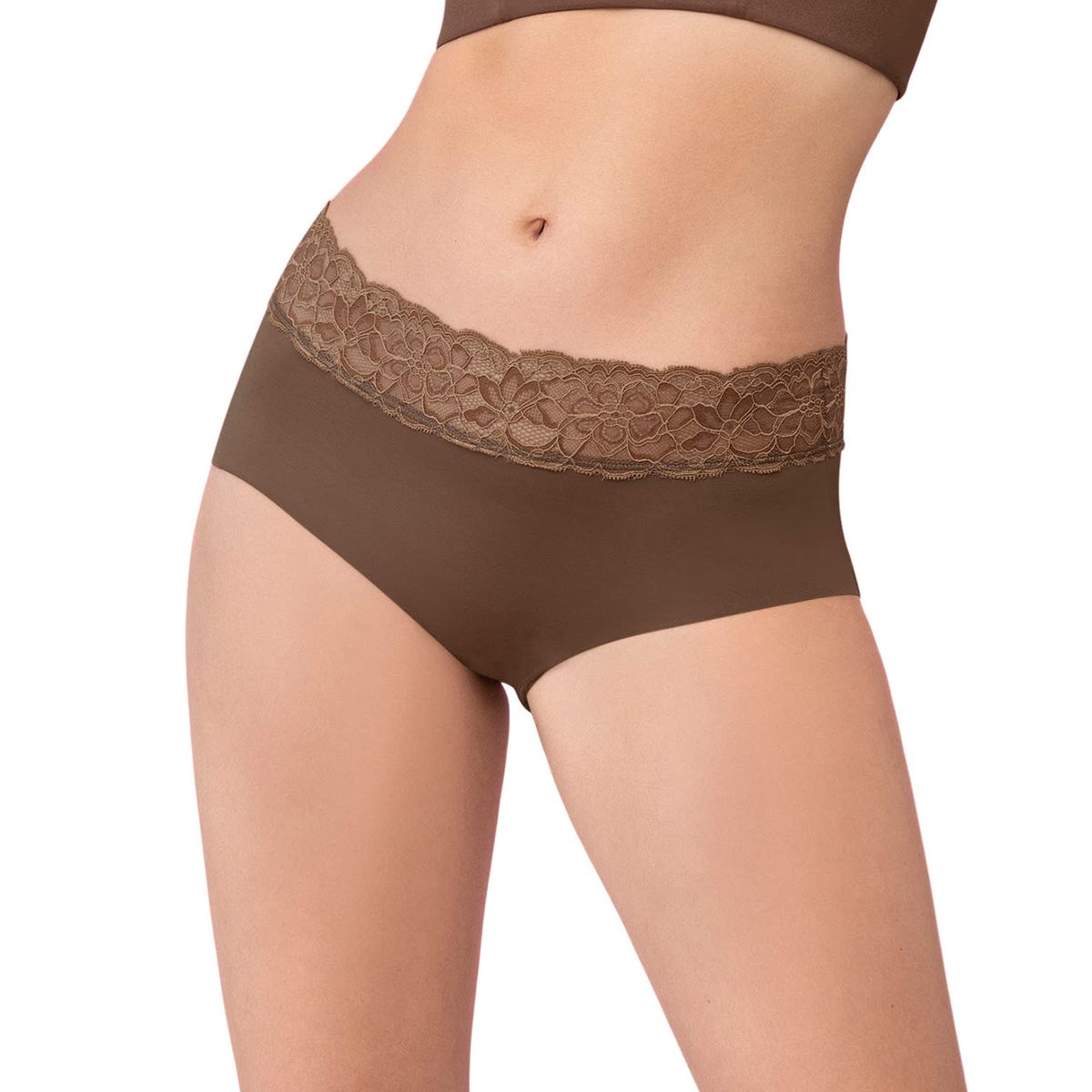 LEONISA - Calzón pantaleta en tela ultraliviana con franja de encaje 012960 Cafe Medio