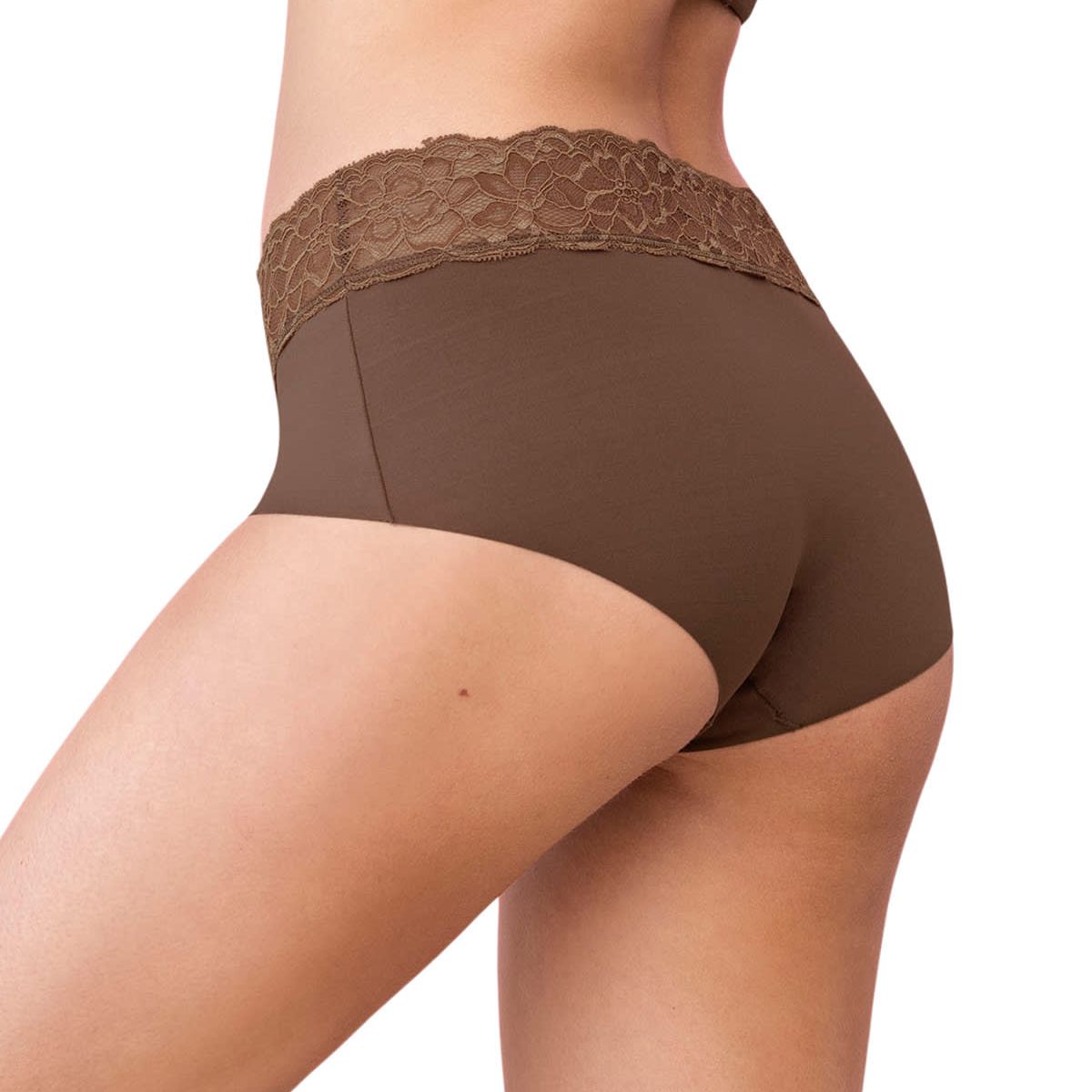 LEONISA - Calzón pantaleta en tela ultraliviana con franja de encaje 012960 Cafe Medio