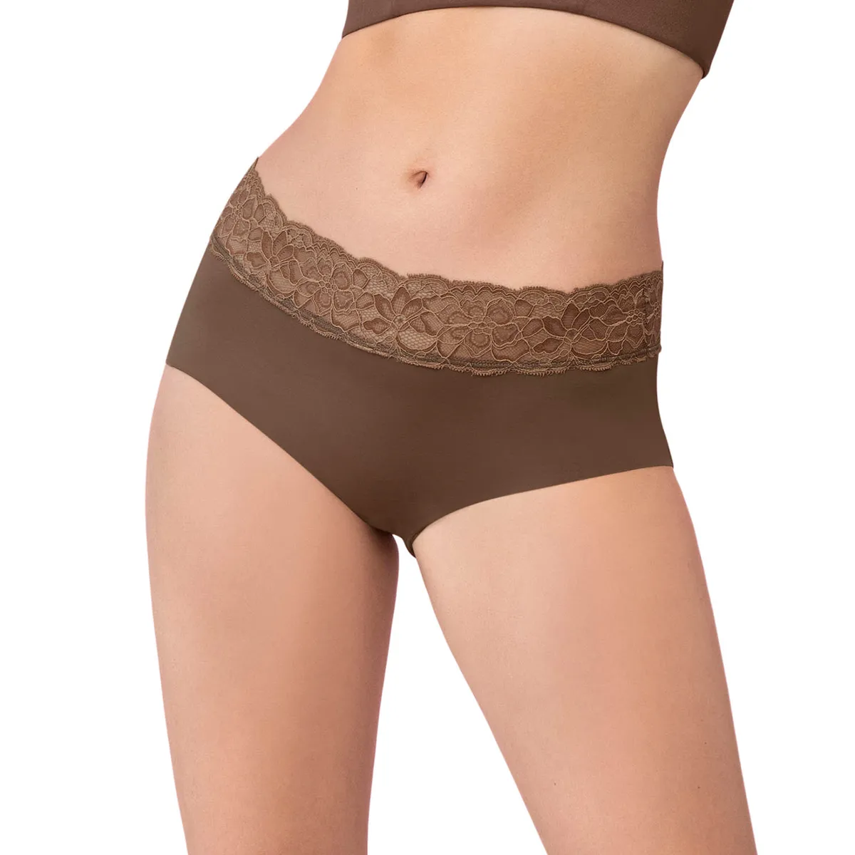 LEONISA - Calzón pantaleta en tela ultraliviana con franja de encaje 012960 Cafe Medio