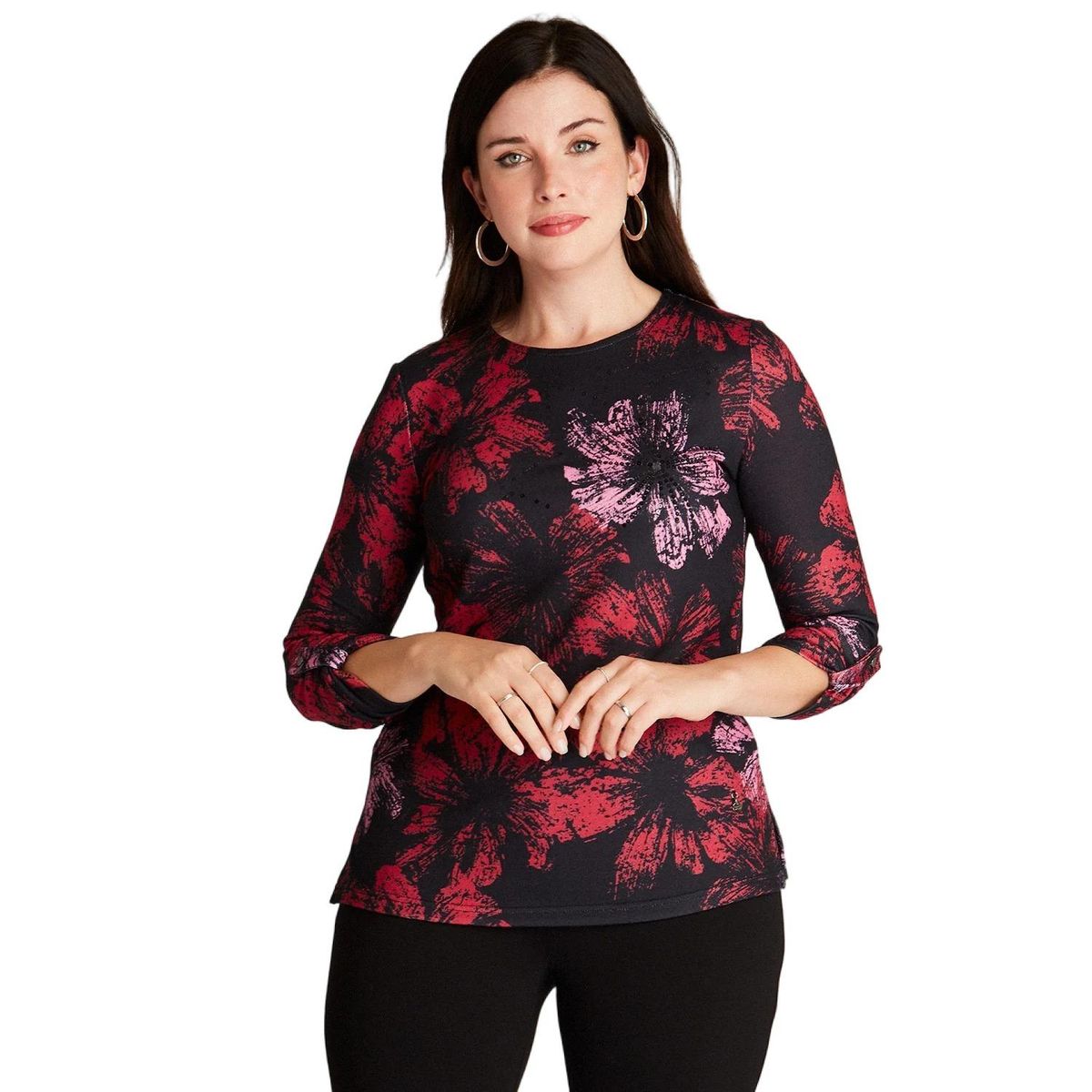 LORENZO DI PONTTI - Polera Camant Negro Manga Larga Estampado Cuello Redondo