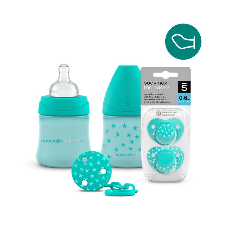 SUAVINEX - PACK MAMADERA 150ML + CHUPETE 0-6M ANATÓMICO + BROCHE VERDE