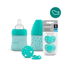 SUAVINEX - PACK MAMADERA 150ML + CHUPETE 0-6M ANATÓMICO + BROCHE VERDE