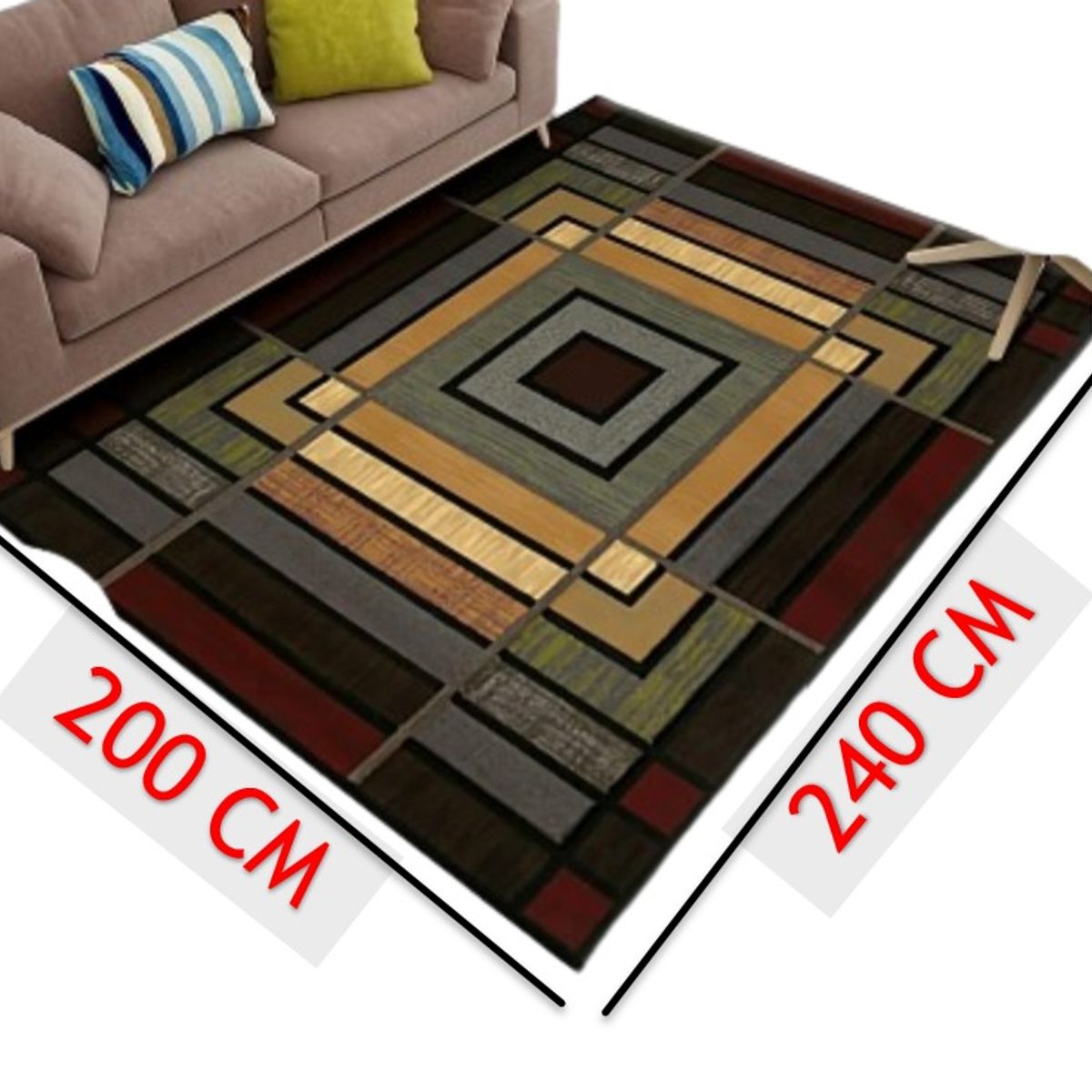 GENERICO - ALFOMBRA CON DISEÑO 200X240 CUADRO MULTICOLOR ANTIDESLIZANTE DELGADA
