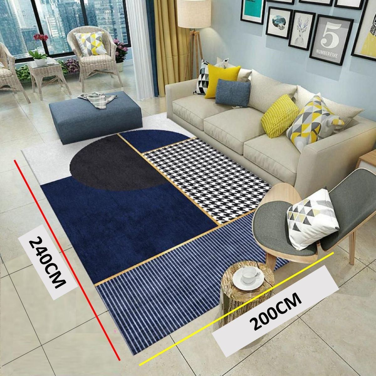 GENERICO - ALFOMBRA CON DISEÑO 200X240 BICOLOR AZUL MARINO ANTIDESLIZANTE DELGADA