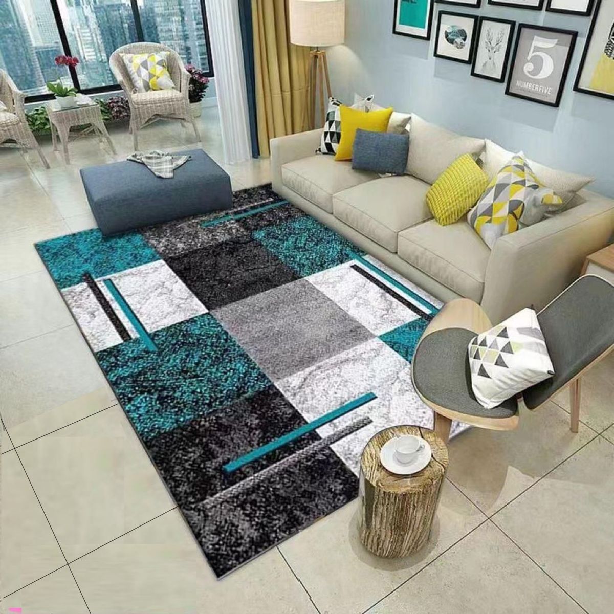 GENERICO - ALFOMBRA CON DISEÑO 200X240 CUADRO TURQUESA  ANTIDESLIZANTE DELGADA