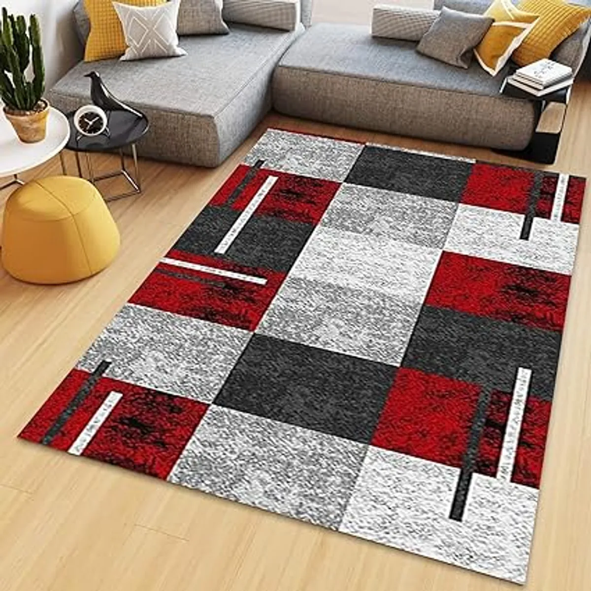 GENERICO - ALFOMBRA CON DISEÑO 200X240 CUADRO BURDEO GRIS  ANTIDESLIZANTE DELGADA