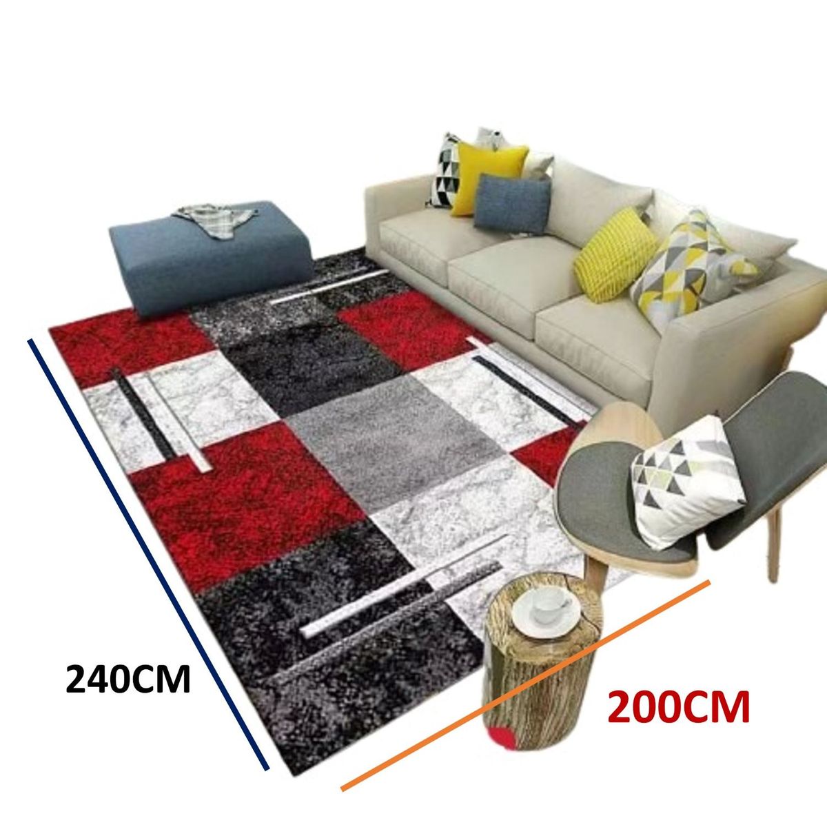 GENERICO - ALFOMBRA CON DISEÑO 200X240 CUADRO BURDEO GRIS  ANTIDESLIZANTE DELGADA