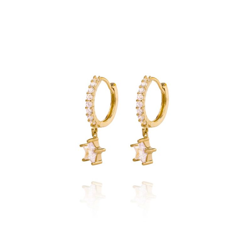 JB JOYAS BARON - Aros de Oro 18kt Modelo Argolla con Estrella y Circón