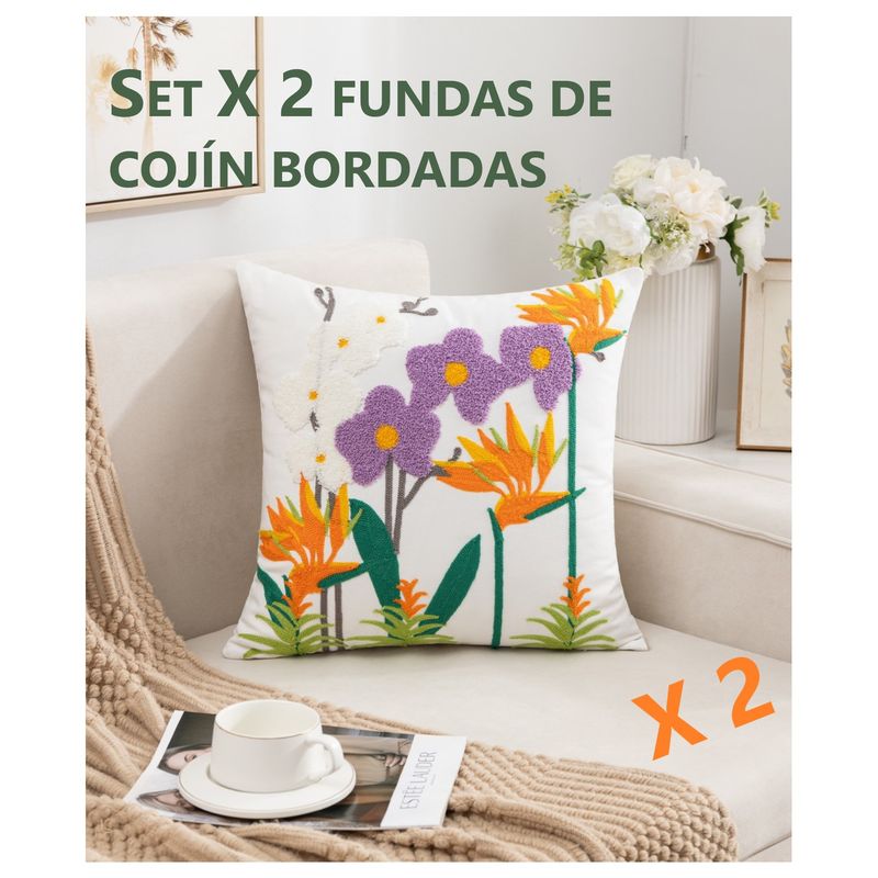 GENERICO - Set X 2 Fundas para Cojín Bordado Flor del Pájaro 45x45 cm