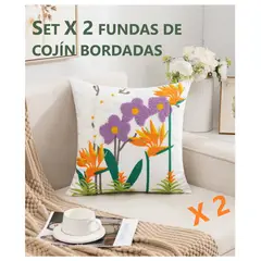 GENERICO - Set X 2 Fundas para Cojín Bordado Flor del Pájaro 45x45 cm