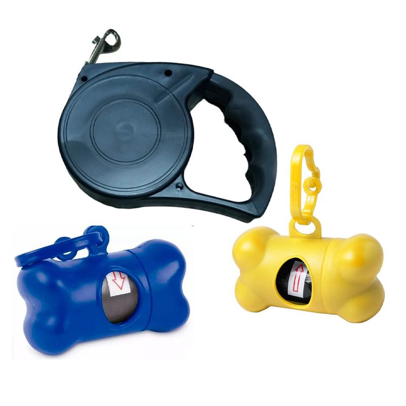GENERICO - Pack Correa Retractil+ 2bolsa Perro Dispensador Basura