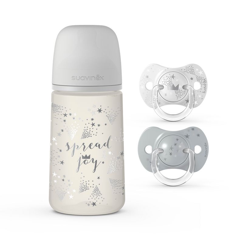 SUAVINEX - PACK MAMADERA 270ML FISIÓLOGICA JOY + CHUPETE 6-18M 2U GRIS