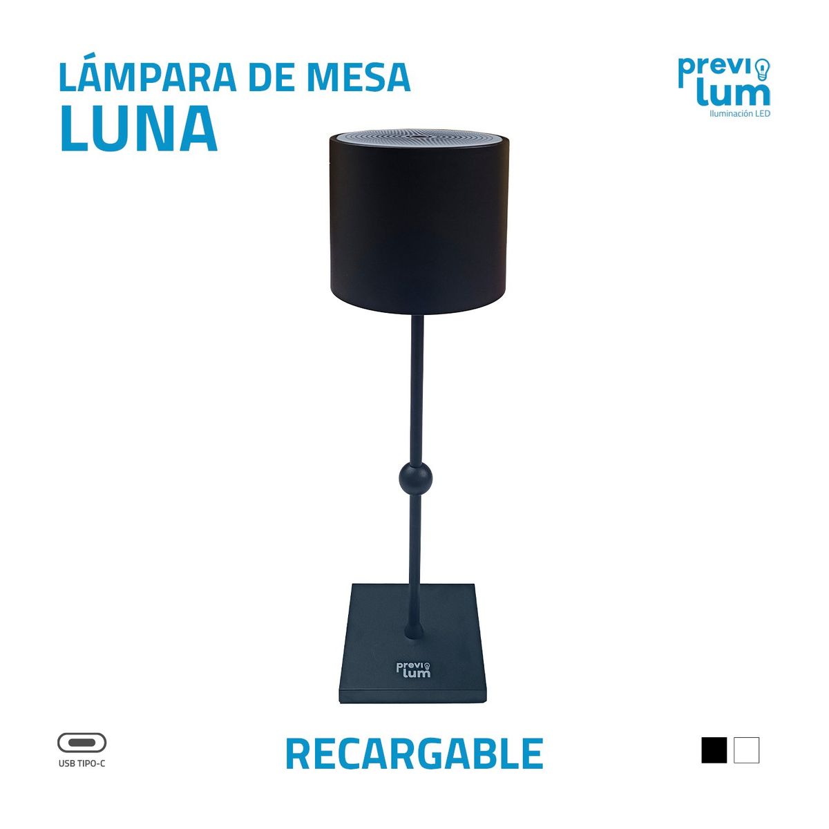 PREVILUM - LAMPARA DE MESA RECARGABLE NEGRA MODELO LUNA 3 COLORES DE LUZ