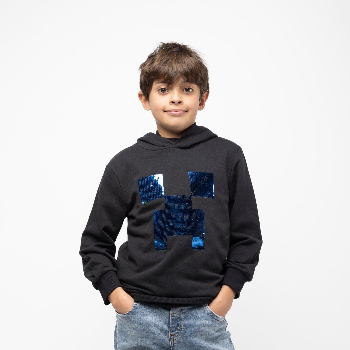 MINECRAFT - Poleron Con Gorro Niño Lentejuelas Negro Minecraft