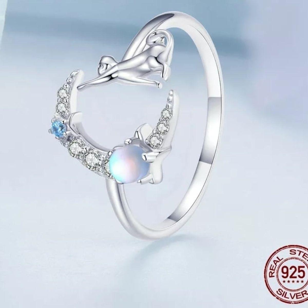 GENERICO - Anillo gato opalo plata 925 ajustable mujer joya