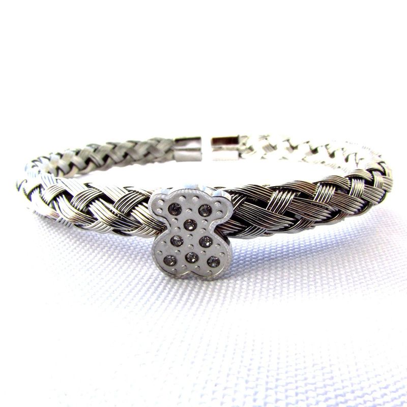 LUXURYJOYAS - Hermoso Brazalete Oso Trenza Mujer Acero Plata Cromada